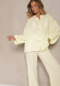 Żółty Bawełniany Komplet Muślinowy Oversize z Koszulą i Szerokimi Spodniami Ziorina