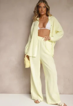 Żółty Bawełniany Komplet Spodnie o Szerokim Kroju i Koszula Sarazira
