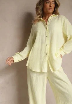 Żółty Bawełniany Komplet Spodnie o Szerokim Kroju i Koszula Sarazira