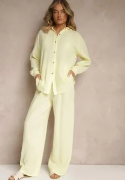 Żółty Bawełniany Komplet Spodnie o Szerokim Kroju i Koszula Sarazira
