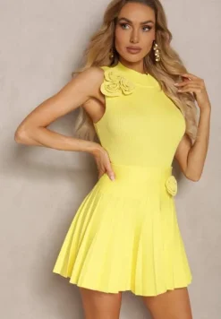 Żółty 2-Częściowy Komplet w Prążki z Ozdobnymi Kwiatami Top i Spódnica Lailawia