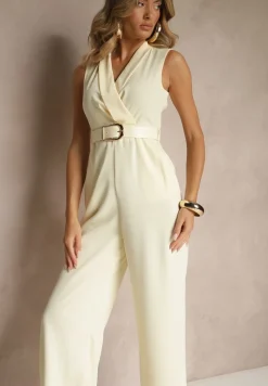 Żółty Elegancki Kombinezon z Paskiem i Ozdobną Klamrą Tilominea