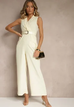 Żółty Elegancki Kombinezon z Paskiem i Ozdobną Klamrą Tilominea