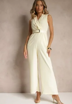 Żółty Elegancki Kombinezon z Paskiem i Ozdobną Klamrą Tilominea