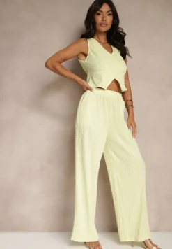 Żółty Garniturowy Komplet z Kamizelką i Szerokimi Spodniami Filondia