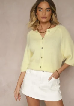 Żółty Kardigan z Rękawem 3/4 z Dodatkiem Wełny Iffarisse