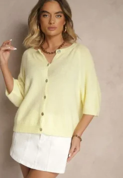 Żółty Kardigan z Rękawem 3/4 z Dodatkiem Wełny Iffarisse