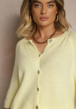 Żółty Kardigan z Rękawem 3/4 z Dodatkiem Wełny Iffarisse