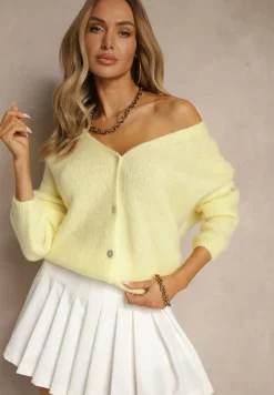 Żółty Kardigan z Wełną i Moherem o Klasycznym Kroju z Dekoltem w Serek Avelmio