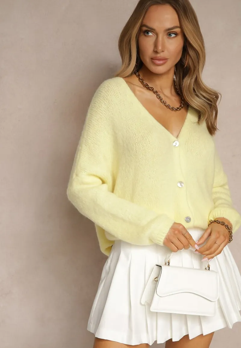 Żółty Kardigan z Wełną i Moherem o Klasycznym Kroju z Dekoltem w Serek Avelmio