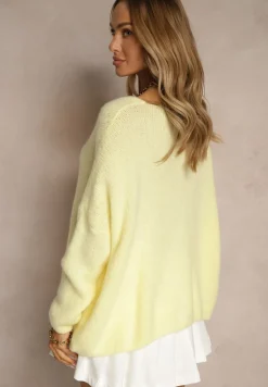 Żółty Kardigan z Wełną i Moherem o Klasycznym Kroju z Dekoltem w Serek Avelmio