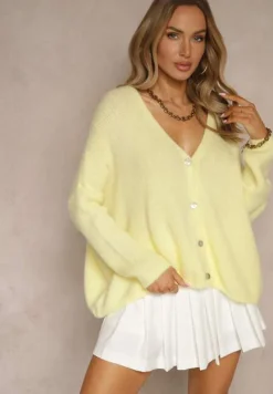 Żółty Kardigan z Wełną i Moherem o Klasycznym Kroju z Dekoltem w Serek Avelmio