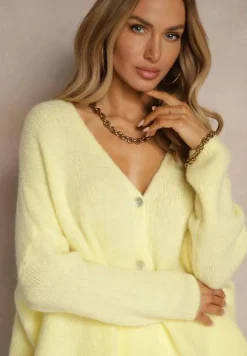 Żółty Kardigan z Wełną i Moherem o Klasycznym Kroju z Dekoltem w Serek Avelmio