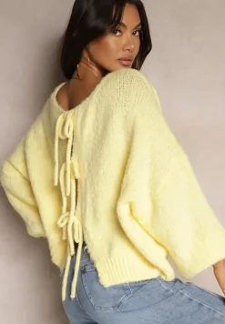 Żółty Kardigan z Wełną o Kroju Oversize z Wiązanymi Kokardami Elearina