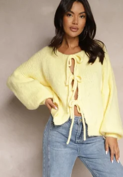 Żółty Kardigan z Wełną o Kroju Oversize z Wiązanymi Kokardami Elearina