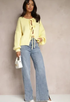 Żółty Kardigan z Wełną o Kroju Oversize z Wiązanymi Kokardami Elearina