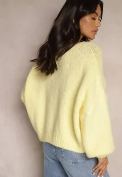 Żółty Kardigan z Wełną o Kroju Oversize z Wiązanymi Kokardami Elearina