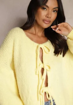 Żółty Kardigan z Wełną o Kroju Oversize z Wiązanymi Kokardami Elearina