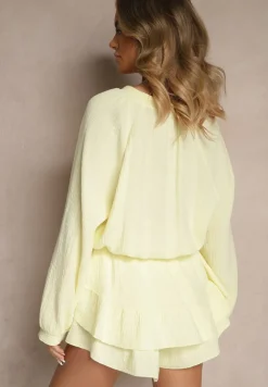 Żółty Kombinezon z Bawełny Ozdobiony Wiązaniem i Falbankami Nalelia