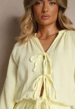 Żółty Kombinezon z Bawełny Ozdobiony Wiązaniem i Falbankami Nalelia