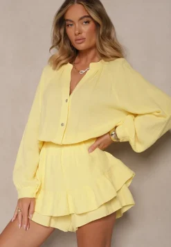 Żółty Kombinezon z Bawełny ze Spódnico-Spodenkami i Guzikami oraz Gumką w Talii Vimatthea