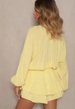 Żółty Kombinezon z Bawełny ze Spódnico-Spodenkami i Guzikami oraz Gumką w Talii Vimatthea