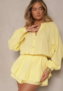 Żółty Kombinezon z Bawełny ze Spódnico-Spodenkami i Guzikami oraz Gumką w Talii Vimatthea