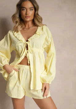 Żółty Komplet z Lnem Szorty i Bluzka z Wiązaniem i Falbanką Mirovenia