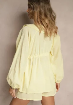 Żółty Komplet z Lnem Szorty i Bluzka z Wiązaniem i Falbanką Mirovenia