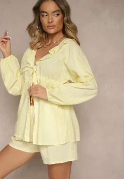 Żółty Komplet z Lnem Szorty i Bluzka z Wiązaniem i Falbanką Mirovenia