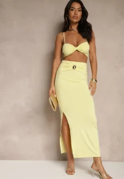 Żółty Komplet z Wiskozą Spódnica z Ozdobnym Rozcięciem i Top na Ramiączkach Savoranae
