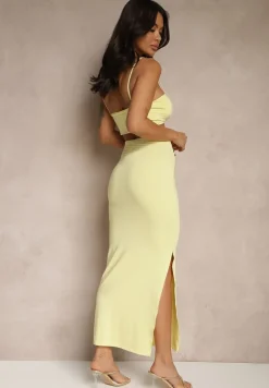 Żółty Komplet z Wiskozą Spódnica z Ozdobnym Rozcięciem i Top na Ramiączkach Savoranae