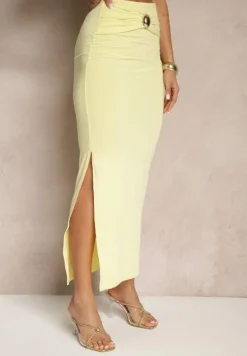 Żółty Komplet z Wiskozą Spódnica z Ozdobnym Rozcięciem i Top na Ramiączkach Savoranae