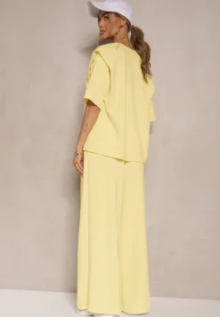 Żółty Komplet z Wiskozą T-shirt z Dekoltem w Serek i Spodnie o Szerokim Kroju Zevline