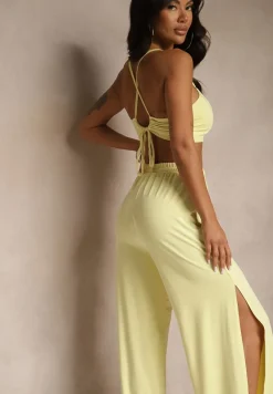 Żółty Komplet z Wiskozą Wiązany Top i Spodnie o Szerokim Kroju z Rozcięciami Zilavira