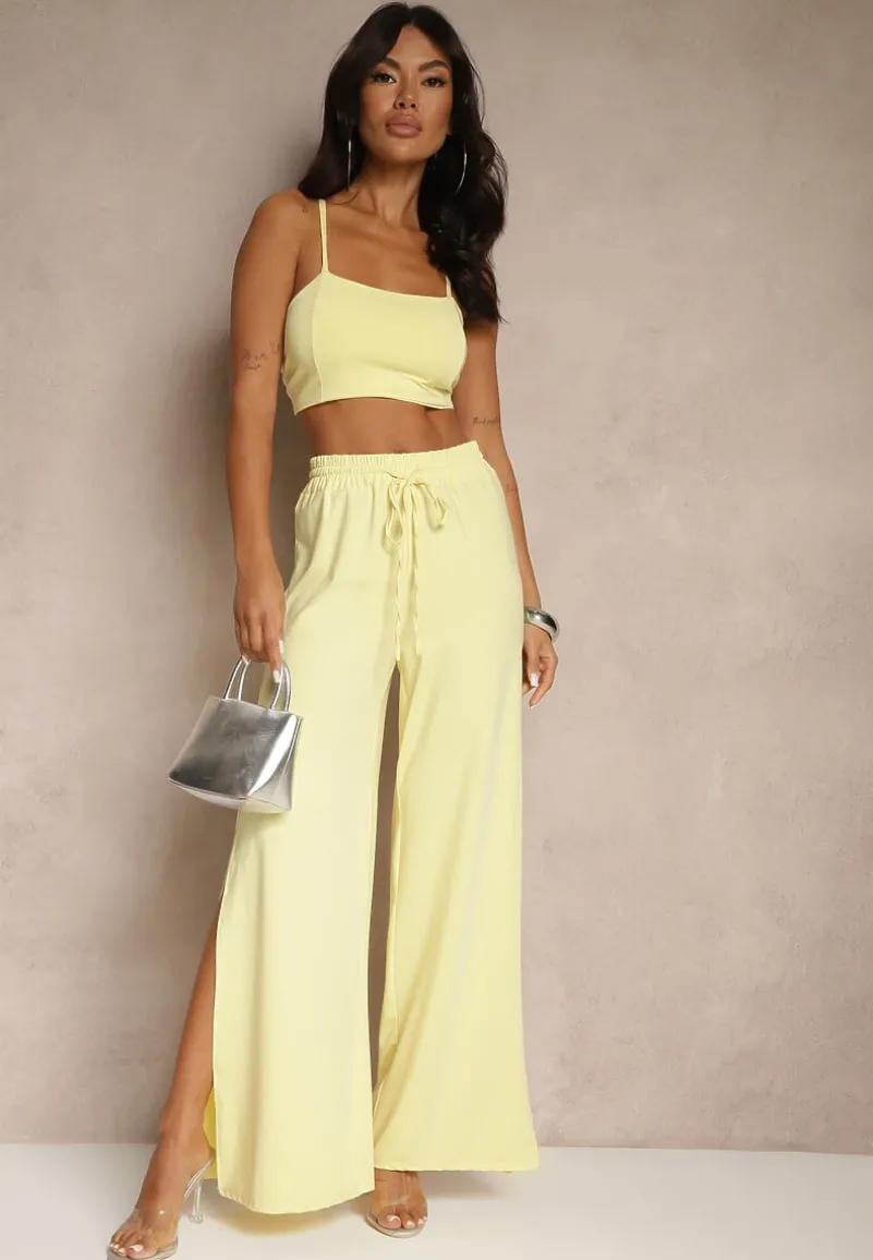 Żółty Komplet z Wiskozą Wiązany Top i Spodnie o Szerokim Kroju z Rozcięciami Zilavira
