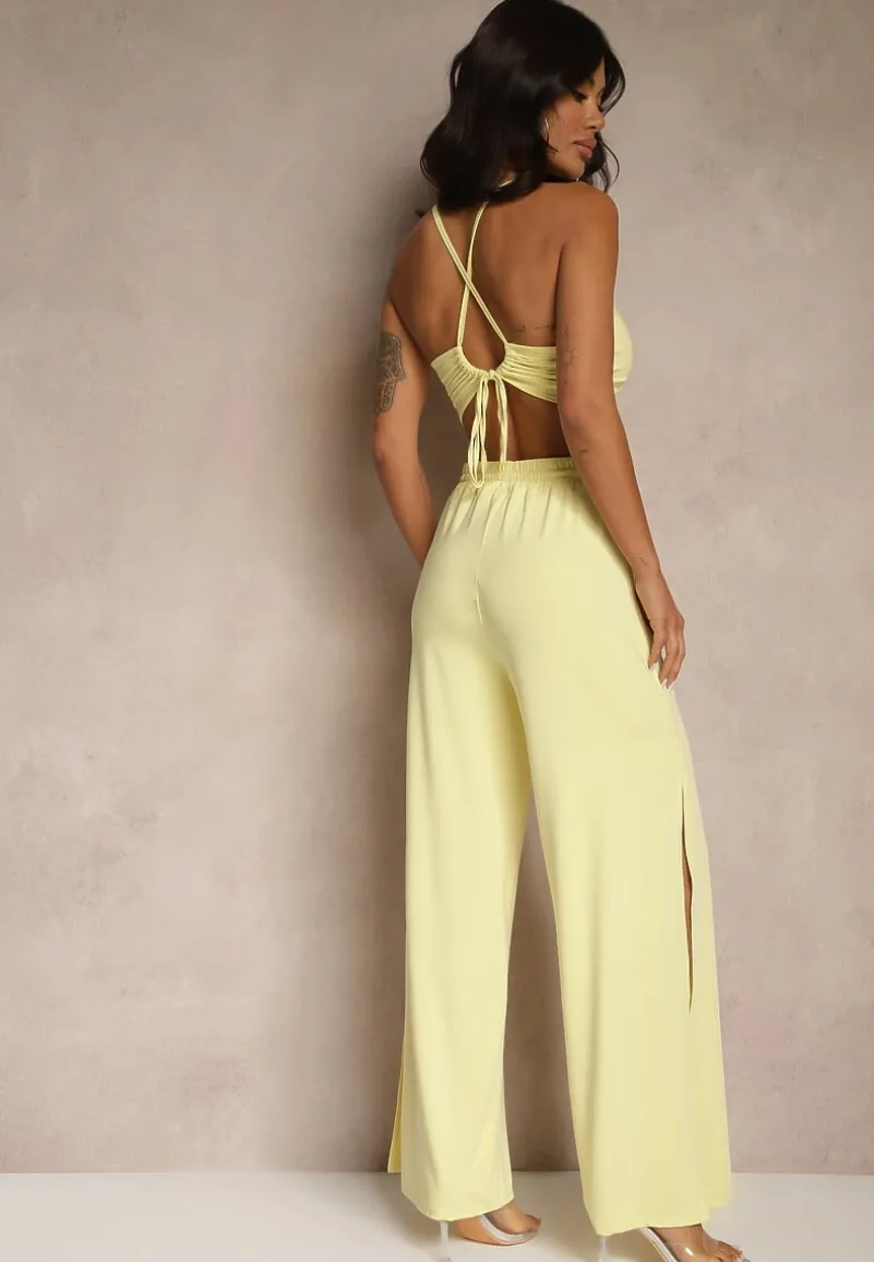Żółty Komplet z Wiskozą Wiązany Top i Spodnie o Szerokim Kroju z Rozcięciami Zilavira