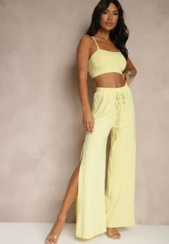 Żółty Komplet z Wiskozą Wiązany Top i Spodnie o Szerokim Kroju z Rozcięciami Zilavira