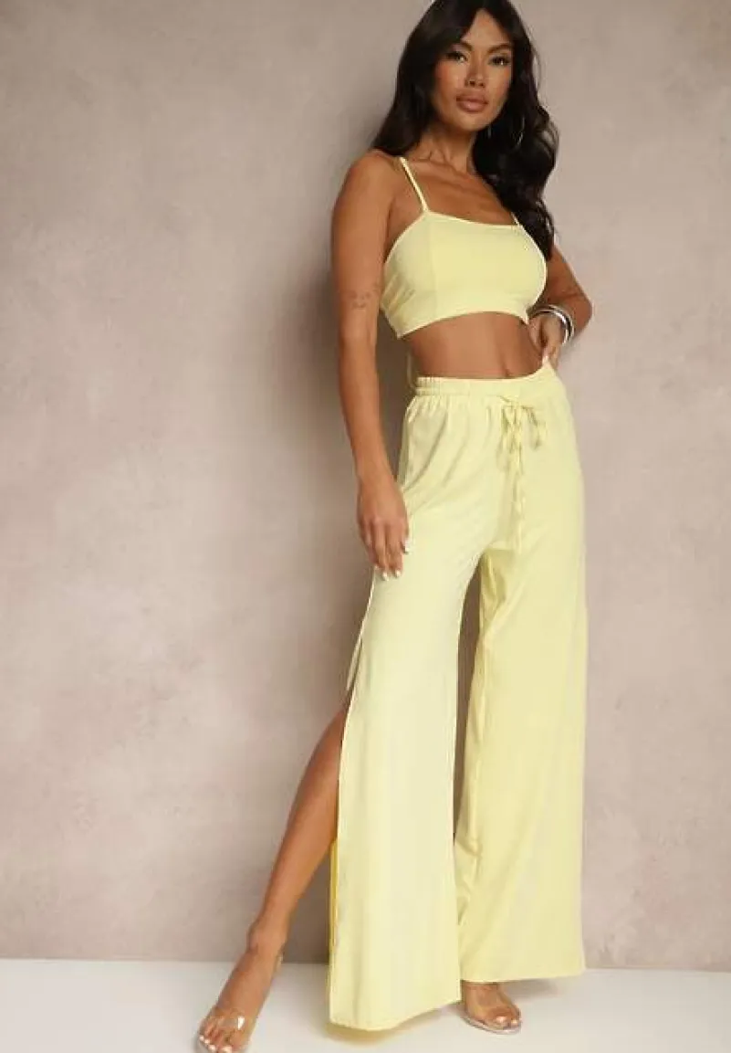 Żółty Komplet z Wiskozą Wiązany Top i Spodnie o Szerokim Kroju z Rozcięciami Zilavira