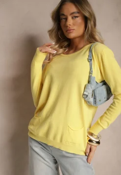 Żółty Sweter z Kaszmirem Ozdobiony Kieszeniami Saniswena