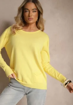 Żółty Sweter z Kaszmirem Ozdobiony Kieszeniami Saniswena