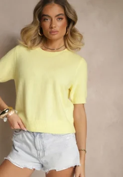 Żółty Sweter z Wełną Krótkim Rękawem Ozdobiony Ściągaczami Emiralin