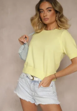 Żółty Sweter z Wełną Krótkim Rękawem Ozdobiony Ściągaczami Emiralin