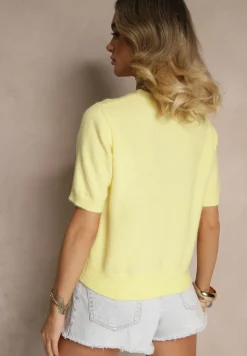 Żółty Sweter z Wełną Krótkim Rękawem Ozdobiony Ściągaczami Emiralin