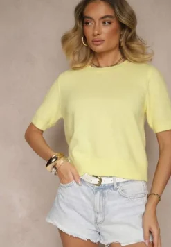 Żółty Sweter z Wełną Krótkim Rękawem Ozdobiony Ściągaczami Emiralin