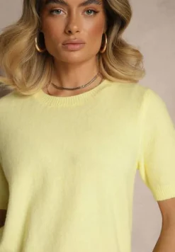 Żółty Sweter z Wełną Krótkim Rękawem Ozdobiony Ściągaczami Emiralin