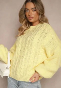 Żółty Sweter z Wełną o Eleganckim Warkoczowym Splotem Makkaria
