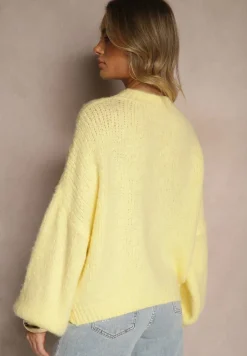 Żółty Sweter z Wełną o Eleganckim Warkoczowym Splotem Makkaria