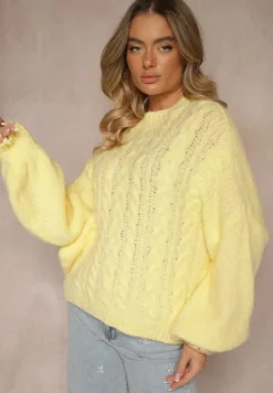 Żółty Sweter z Wełną o Eleganckim Warkoczowym Splotem Makkaria