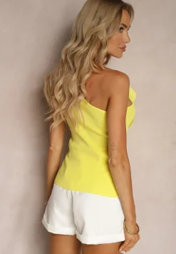 Żółty Top Ozdobiony Dużym Naszytym Kwiatem z Asymetrycznym Dekoltem Dedria